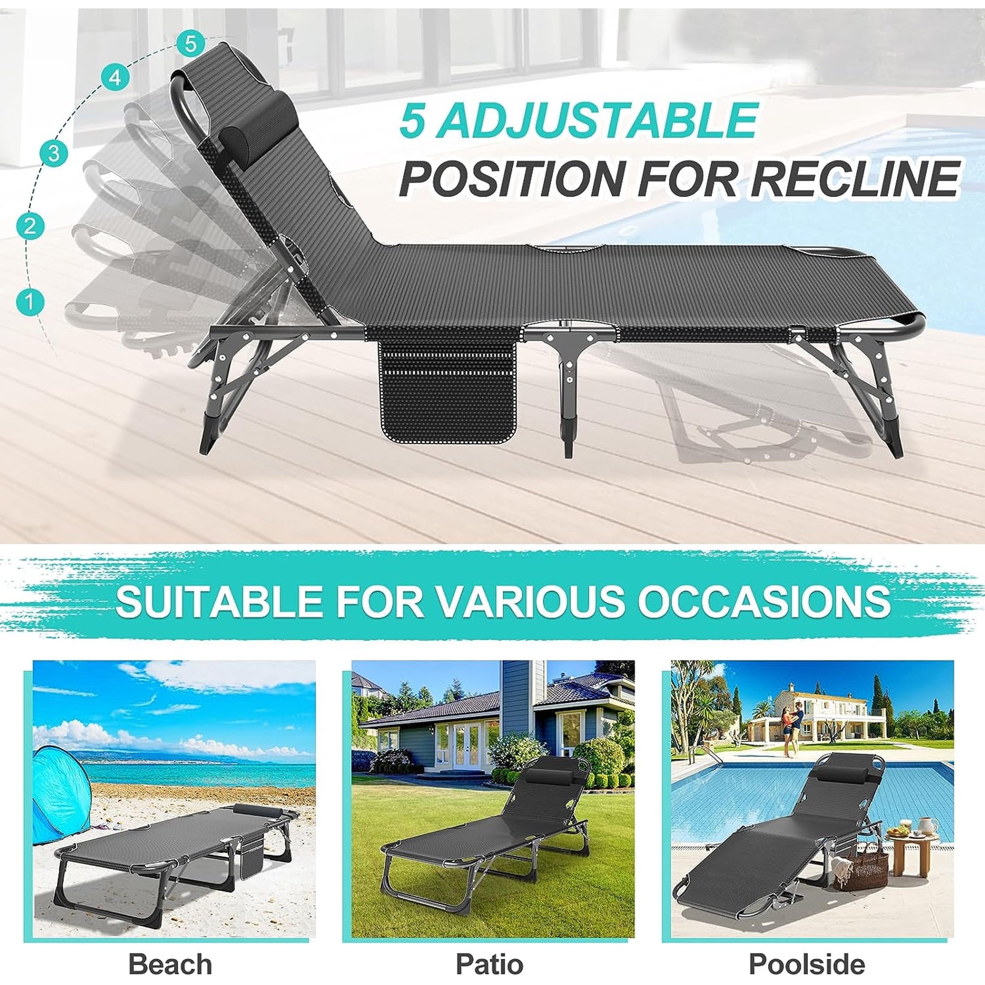 Slsy Portable Folding Camping Cot Bed with 2 Sided Mattress & Pillow, Adjustable 5-Position Folding Lounge Chair, Folding Rollaway Guest Bed